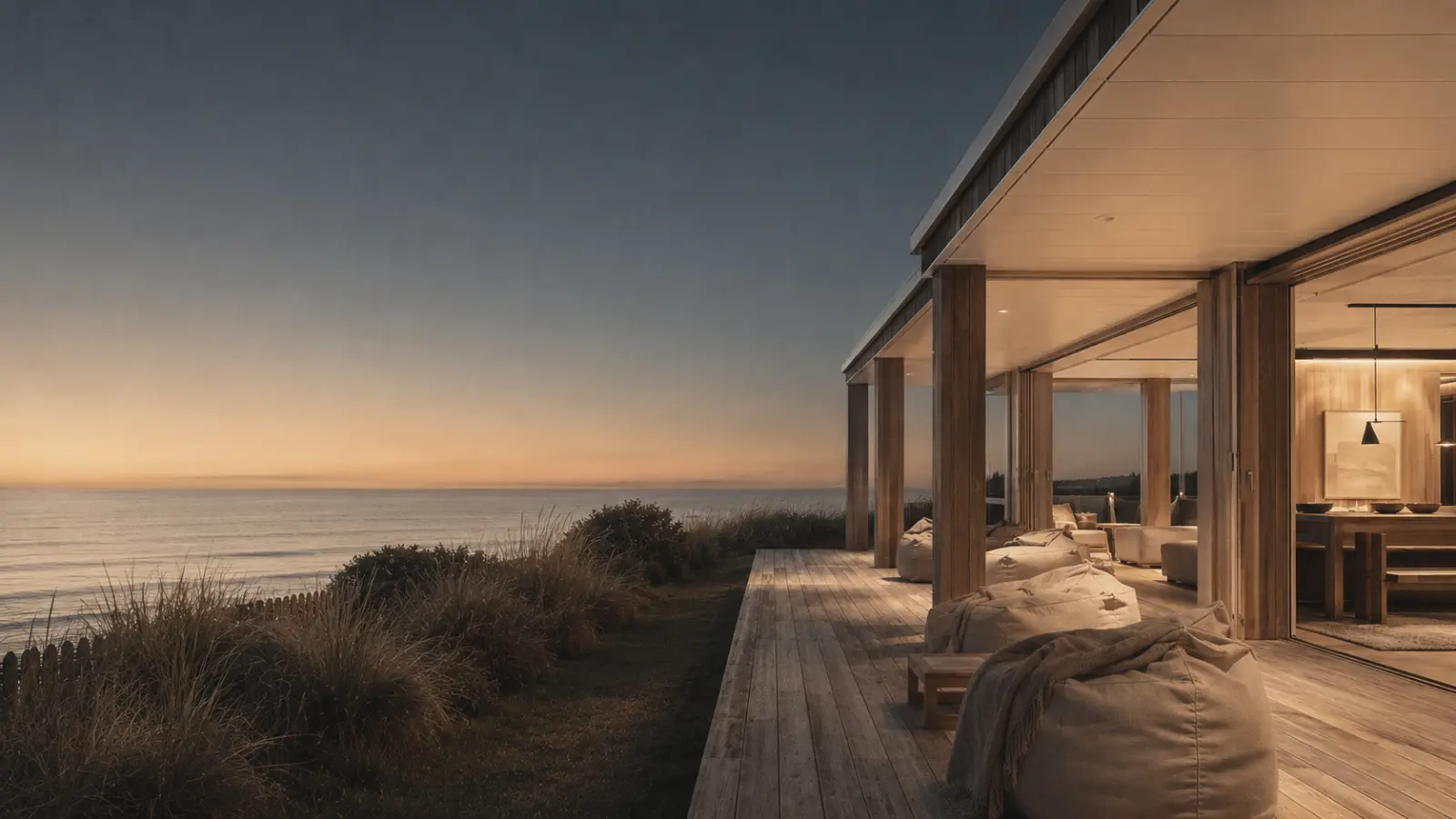 Architectural Pāpāmoa beach house deck at dusk overlooking the ocean